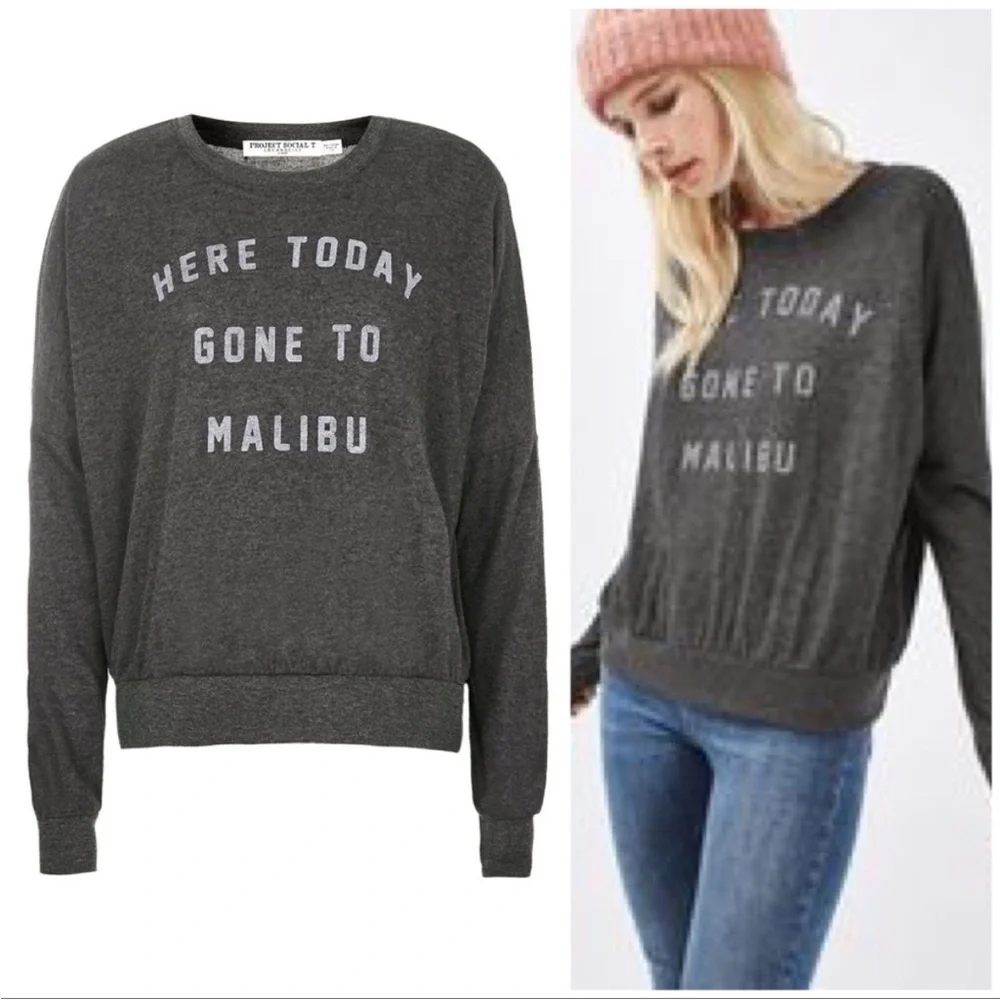 Project Social T Here Today Gone to Malibu XS Gray Pullover Long Sleeve